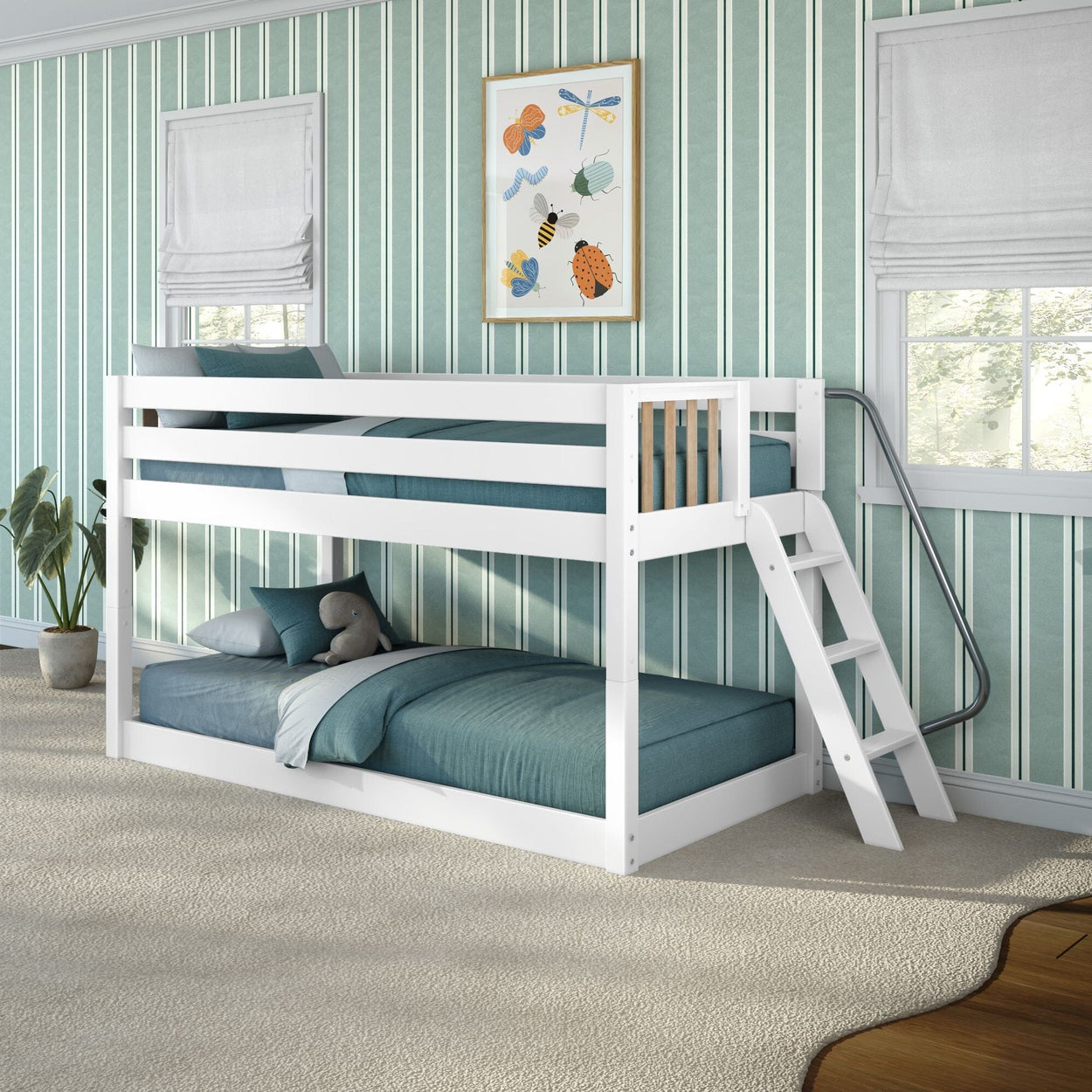 White wooden bunk bed with angled ladder and teal bedding in a bright children's bedroom with green vertical striped wallpaper, framed insect artwork, potted plant and carpeted floor