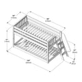Technical drawing of a wooden twin-over-full bunk bed with ladder, safety rails and slide showing dimensions (103″ x 84″ x 51″ / 262cm x 214cm x 130cm)