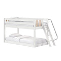White wooden twin-over-full bunk bed with ladder, guardrail and natural wood slats, modern space-saving kids' loft bed
