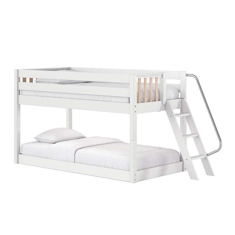 White wooden twin-over-full bunk bed with ladder, guardrail and natural wood slats, modern space-saving kids' loft bed