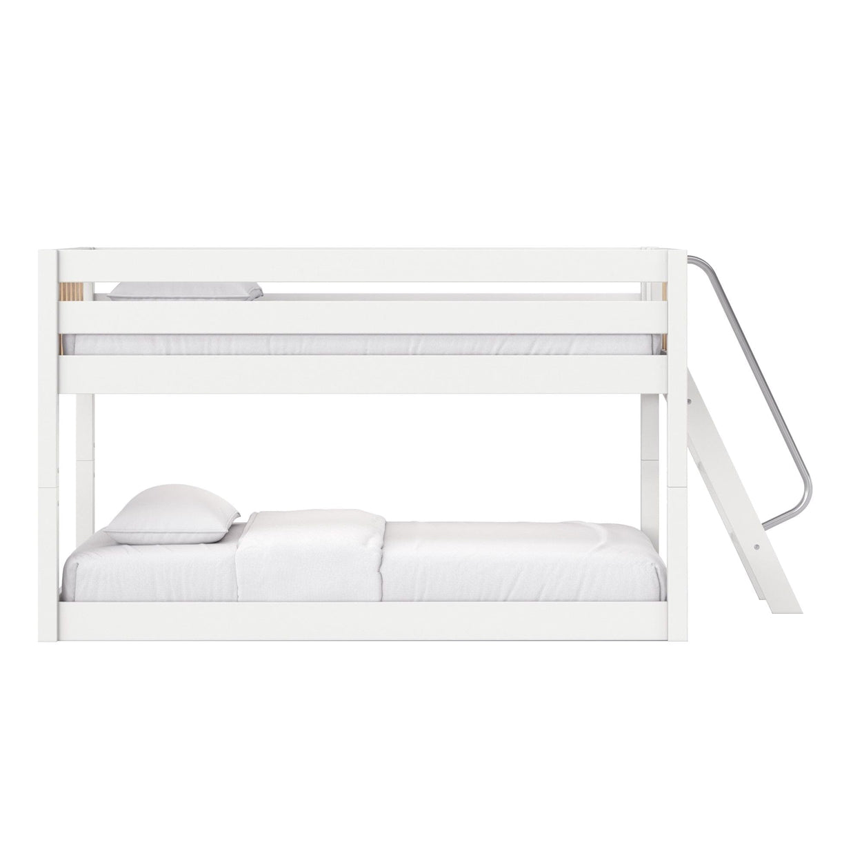 White modern wooden bunk bed with side ladder, stacked two-tier design, white mattress and pillows for minimalist bedroom décor