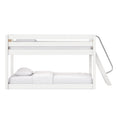 White modern wooden bunk bed with side ladder, stacked two-tier design, white mattress and pillows for minimalist bedroom décor