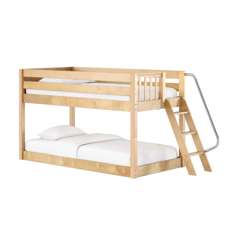 Solid natural maple twin-over-full loft bunk bed with safety guardrail, angled wooden ladder and metal handrail, white bedding