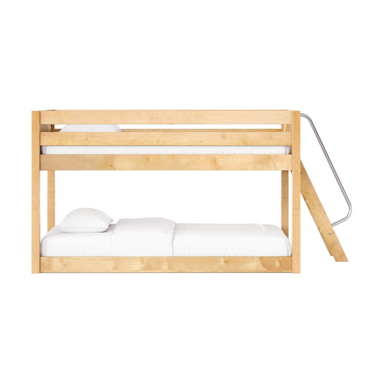 Natural maple wood bunk bed with angled ladder and white bedding — modern space-saving loft bed for kids