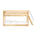 Natural maple wood bunk bed with angled ladder and white bedding — modern space-saving loft bed for kids