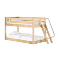 Natural maple-finish twin-over-full wooden bunk bed with angled ladder, metal handrail and white bedding