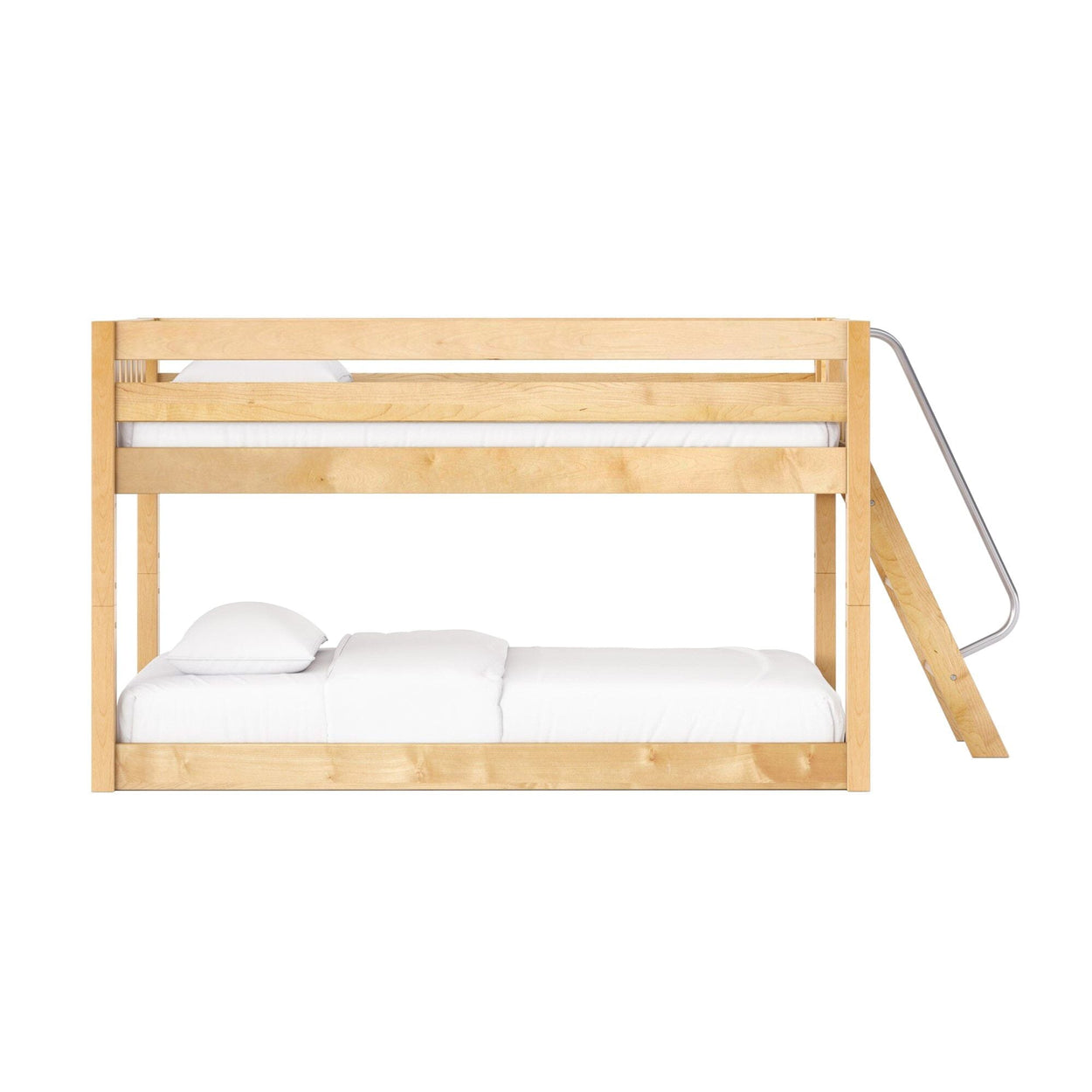 Natural maple wood bunk bed with angled ladder and white bedding, space-saving loft bed ideal for kids' bedroom or guest room