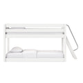 White wooden bunk bed with angled ladder and safety guardrail, fitted white bedding, modern children's bedroom furniture