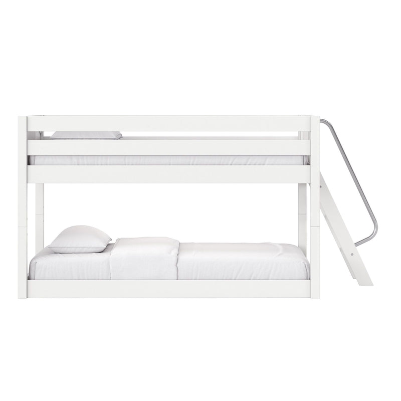 White wooden bunk bed with angled ladder and safety guardrail, fitted white bedding, modern children's bedroom furniture