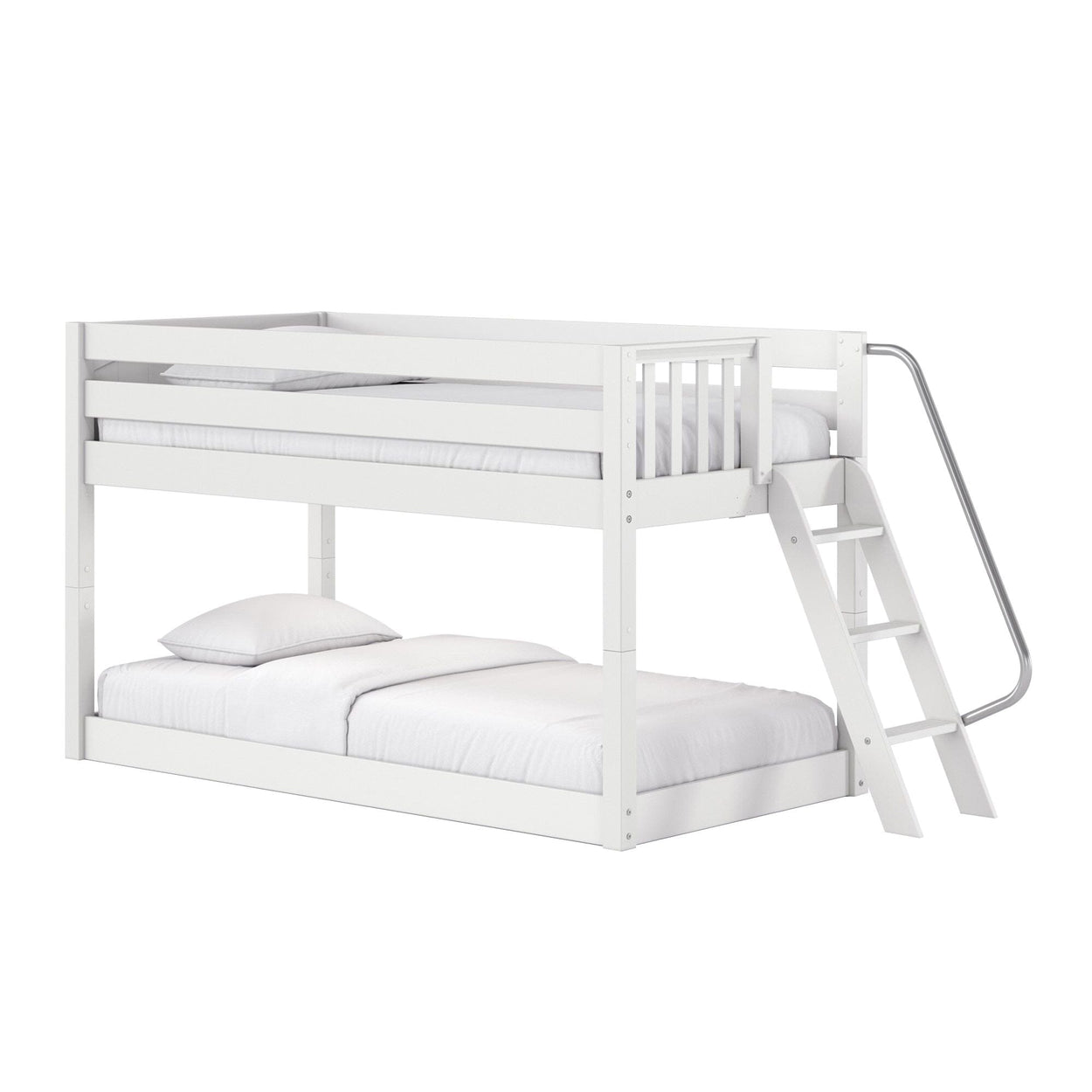 White wooden loft bunk bed with guardrail and angled ladder, white mattress and pillows for a modern kids' bedroom