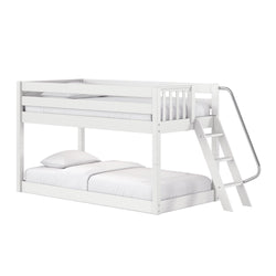 White wooden loft bunk bed with guardrail and angled ladder, white mattress and pillows for a modern kids' bedroom
