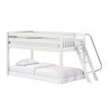White wooden loft bunk bed with guardrail and angled ladder, white mattress and pillows for a modern kids' bedroom