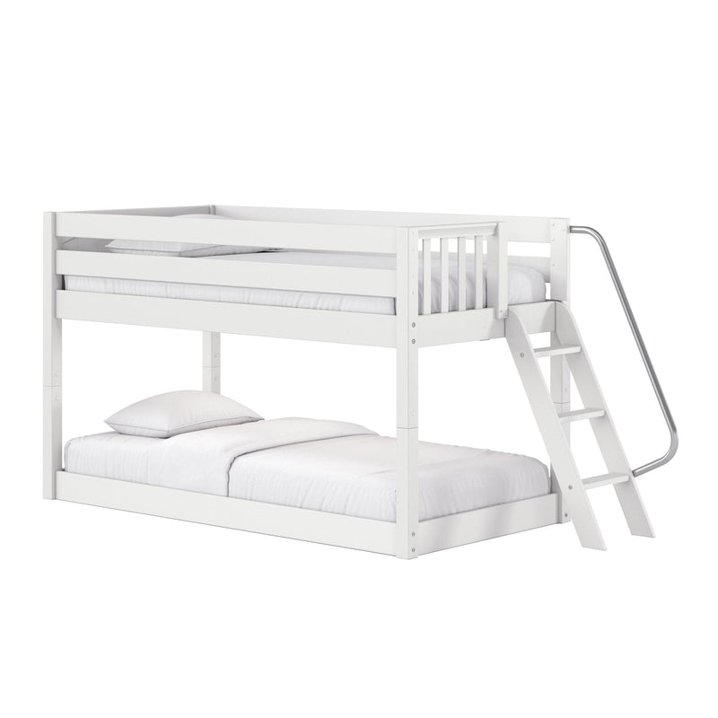 White wooden loft bunk bed with guardrail and angled ladder, white mattress and pillows for a modern kids' bedroom