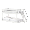 White wooden twin-over-full bunk bed with angled ladder and safety guardrail, minimalist modern kids bedroom furniture
