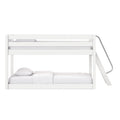 White wooden bunk bed with angled ladder and white bedding, modern minimalist frame with top and bottom bunks for kids' bedroom