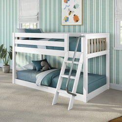 White wooden twin-over-full bunk bed with ladder, teal bedding and plush elephant toy in a sunlit kids' bedroom with green striped wallpaper and framed bug art