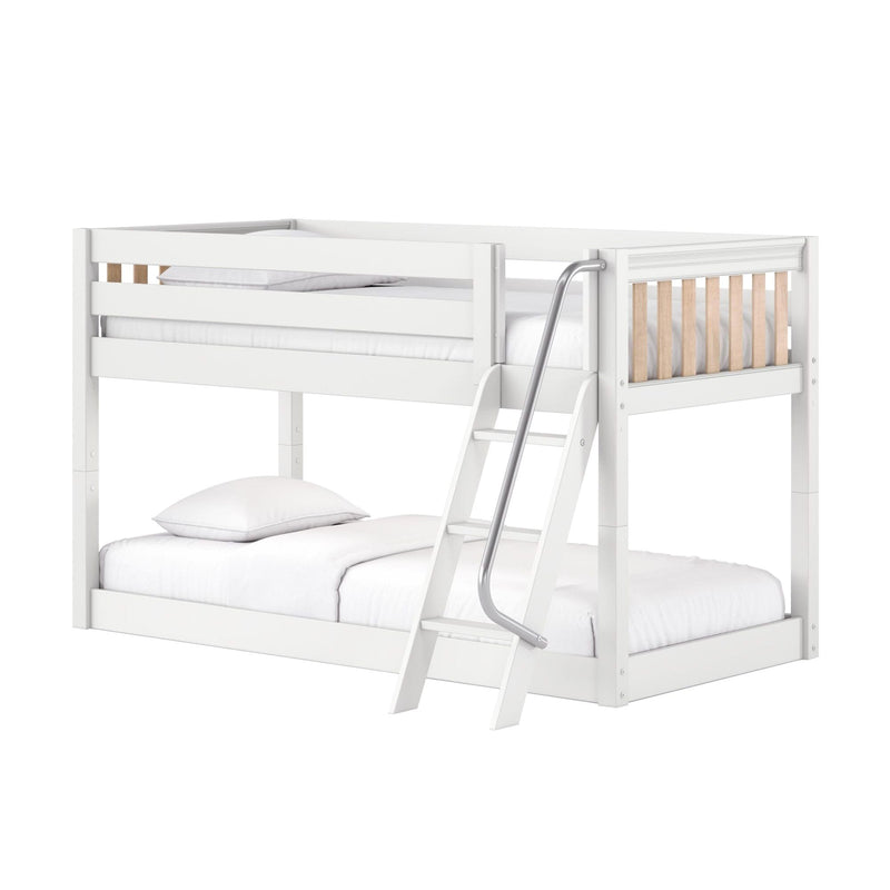 White wooden loft bunk bed for kids with metal ladder and guardrail, white bedding and natural wood slats