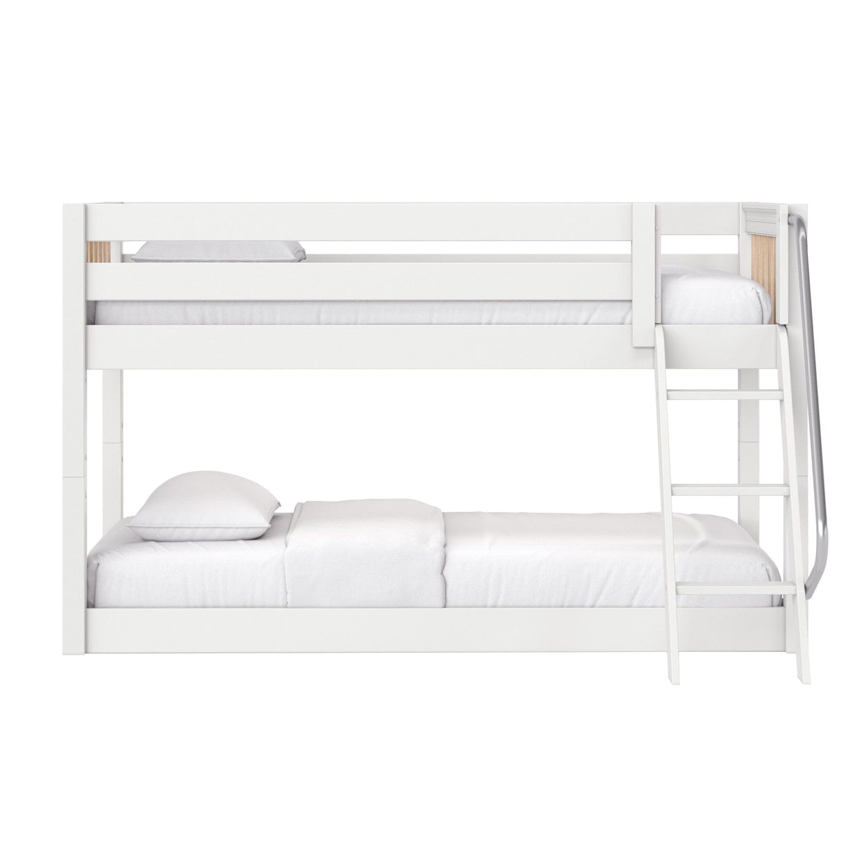 White wooden twin-over-full bunk bed with ladder and safety guardrails, modern space-saving kids or guest bedroom setup with white bedding
