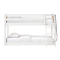 White wooden twin-over-full bunk bed with ladder and safety guardrails, modern space-saving kids or guest bedroom setup with white bedding