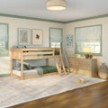 Kids bedroom with natural wood bunk bed, green-trim windows with striped Roman shades, wooden dresser and lamp, framed alphabet and animal prints, and a toy airplane — cozy children's room decor with abundant natural light