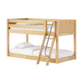 Light maple solid-wood twin-over-full bunk bed with ladder and white bedding — space-saving children’s loft bed
