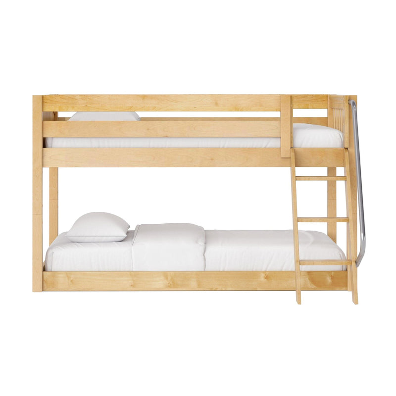 Light maple bunk bed with built-in ladder and white bedding, modern wooden kids' bedroom furniture