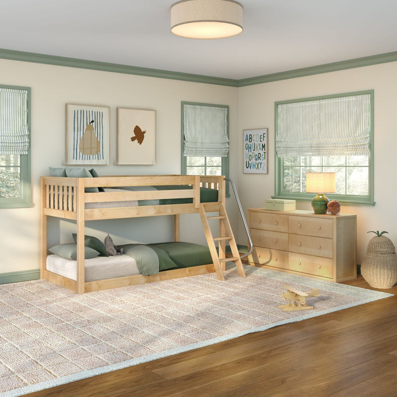 Bright kids bedroom with natural wood bunk bed, green bedding and trim, striped Roman shades, wooden dresser, alphabet wall art
