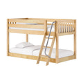 Light natural maple twin-over-full wooden bunk bed with ladder, metal handrail, safety guardrails and white bedding