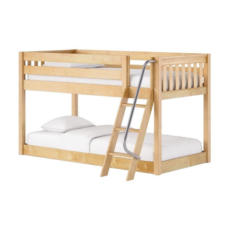 Light natural maple twin-over-full wooden bunk bed with ladder, metal handrail, safety guardrails and white bedding