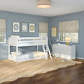 Children's bedroom with white bunk bed, coastal-themed decor, blue walls, woven jute rug, white dresser, Roman shades, and hardwood floors