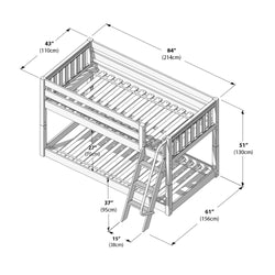 Twin-over-full wooden bunk bed dimensions drawing: 84" (214 cm) long × 43" (110 cm) wide × 51" (130 cm) high with 61" (156 cm) base depth, 27" (70 cm) under-bed clearance, slatted mattress supports, angled ladder and guardrails.