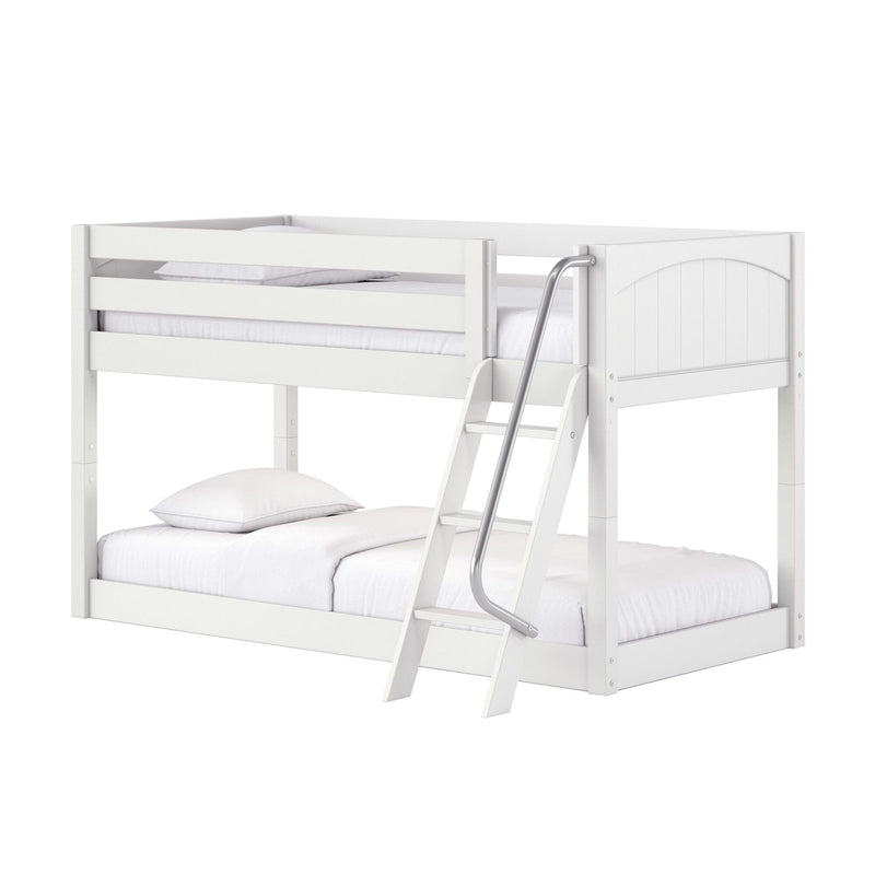 White wooden bunk bed with ladder and top guardrail, two mattresses and pillows for kids' bedroom, modern space-saving design