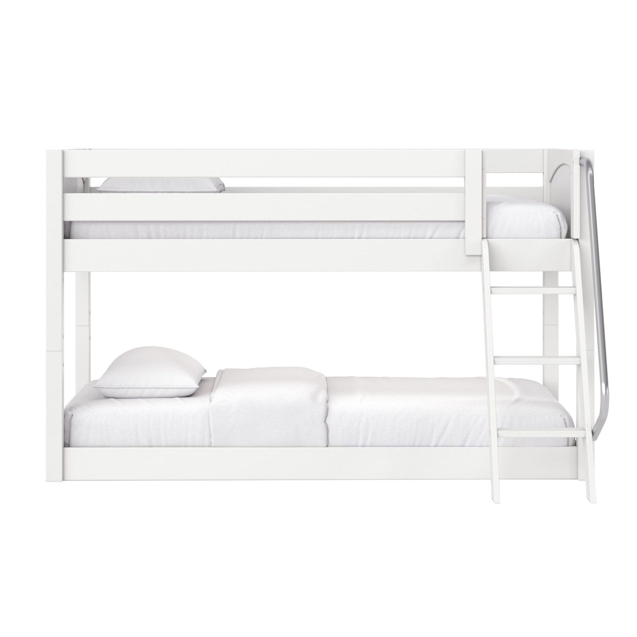 White wooden bunk bed with ladder and crisp white bedding in a modern minimalist children's bedroom, sturdy frame with safety rails