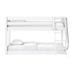 White wooden bunk bed with ladder and crisp white bedding in a modern minimalist children's bedroom, sturdy frame with safety rails