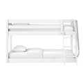 White wooden bunk bed with ladder and crisp white bedding in a modern minimalist children's bedroom, sturdy frame with safety rails