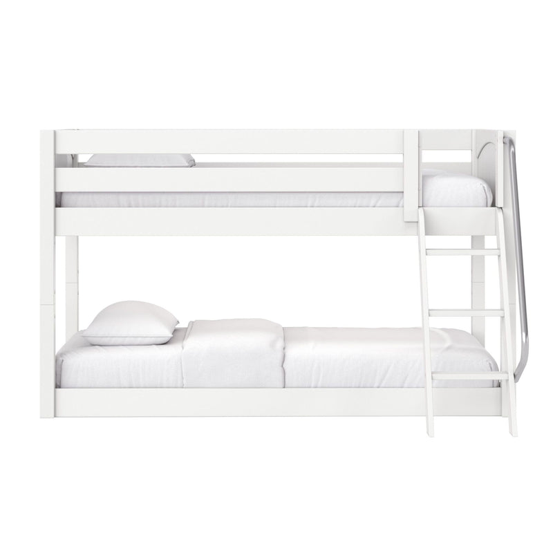 White wooden bunk bed with ladder and crisp white bedding in a modern minimalist children's bedroom, sturdy frame with safety rails
