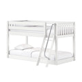 White wooden bunk bed with ladder and metal handrail, top safety guardrail and white bedding — modern kids' loft bed