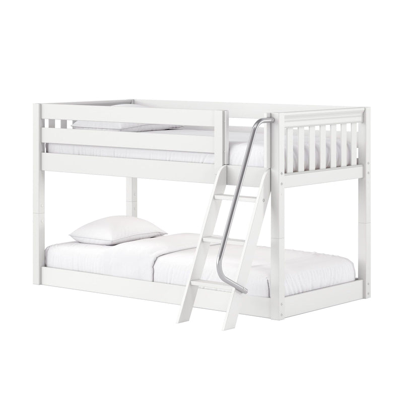 White wooden bunk bed with ladder and metal handrail, top safety guardrail and white bedding — modern kids' loft bed