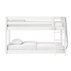 White wooden twin-over-full bunk bed with ladder and crisp white bedding — modern space-saving kids' bedroom furniture
