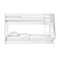 White wooden twin-over-full bunk bed with ladder and crisp white bedding — modern space-saving kids' bedroom furniture