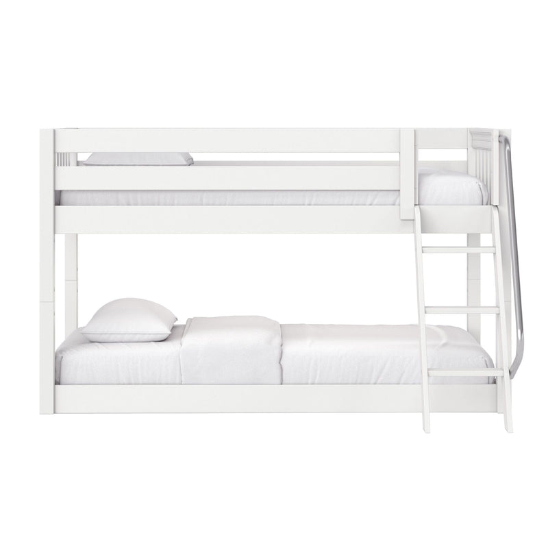 White wooden twin-over-full bunk bed with ladder and crisp white bedding — modern space-saving kids' bedroom furniture
