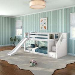 White wooden bunk bed with slide and built-in storage stairs in teal-striped children's bedroom with hardwood floors, plush rug and stuffed toy