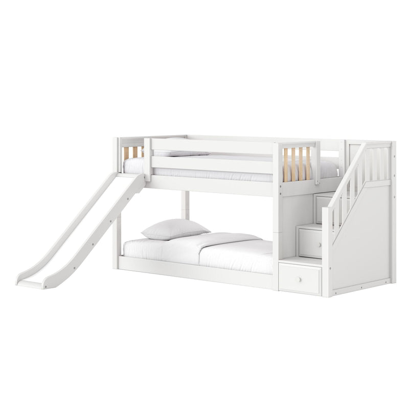 White wooden kids loft bunk bed with slide, stairs and built-in storage drawers, twin-over-full design with guardrails