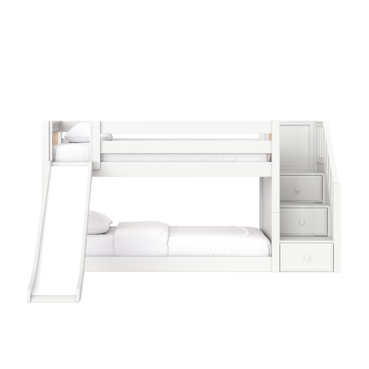 White wooden bunk bed with slide, built-in storage stairs and drawers, twin-over-full mattresses — modern kids loft bed on white background