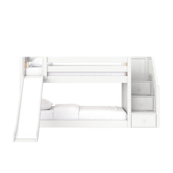 White wooden bunk bed with slide, built-in storage stairs and drawers, twin-over-full mattresses — modern kids loft bed on white background
