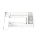 White wooden bunk bed with slide, built-in storage stairs and drawers, twin-over-full mattresses — modern kids loft bed on white background