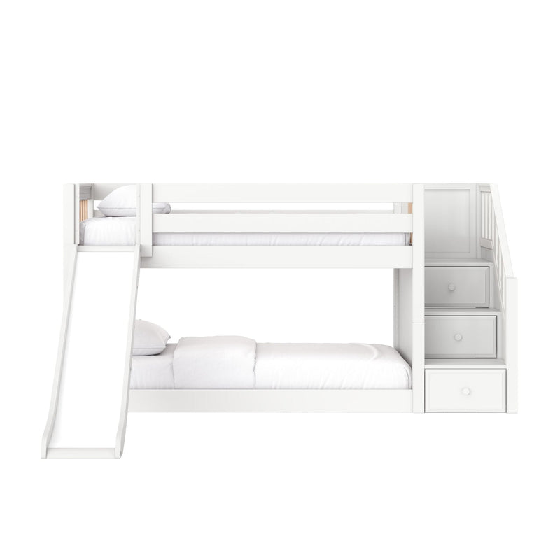 White wooden bunk bed with slide, built-in storage stairs and drawers, twin-over-full mattresses — modern kids loft bed on white background