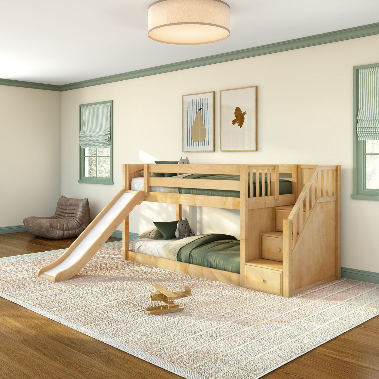 Natural wood twin-over-twin kids bunk bed with slide and built-in stair storage in bright modern children's bedroom with green bedding and large textured play rug