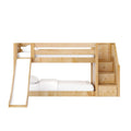 Light natural wood twin-over-full bunk bed with side slide, built-in staircase storage drawers and white bedding