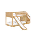 Natural maple loft-style wooden bunk bed with slide and built-in staircase storage, guardrails and white bedding — kids bunk bed with drawers